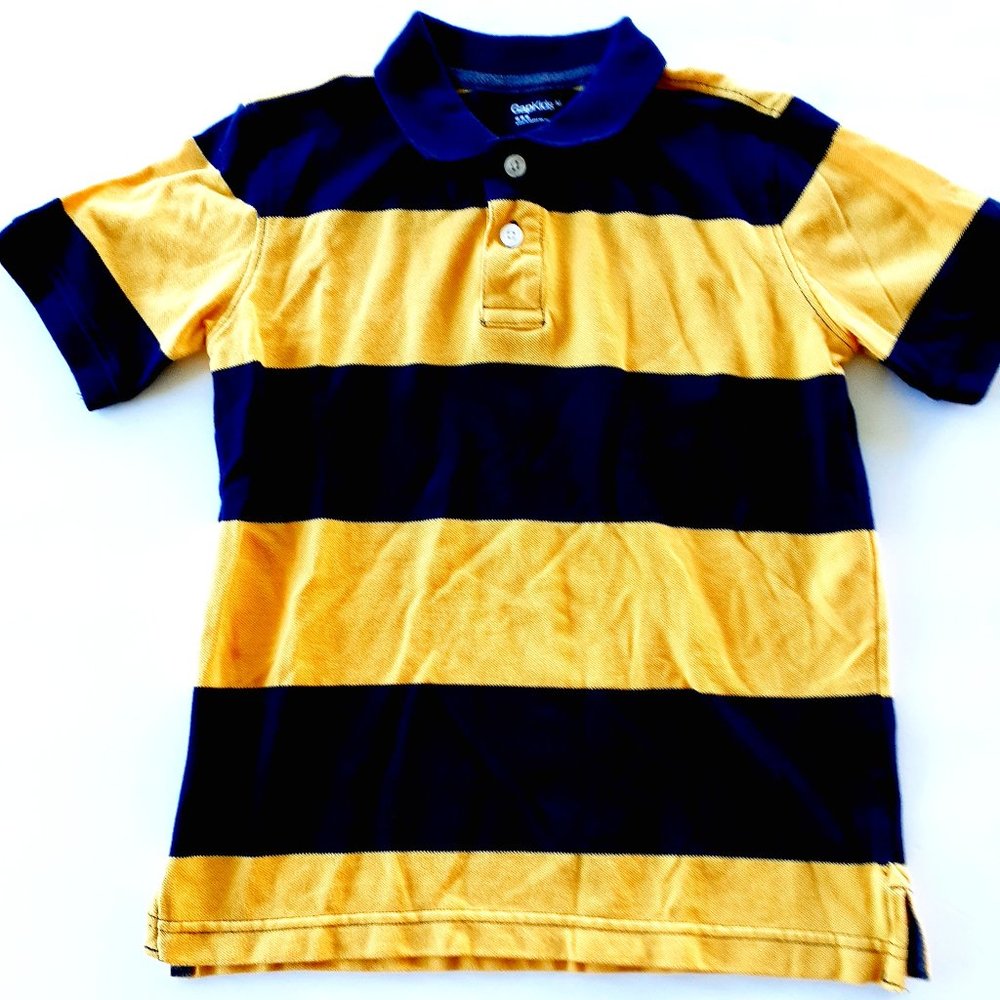 Gap Boys Polo Shirt Navy Yellow Short Sleeve Stripes Medium
